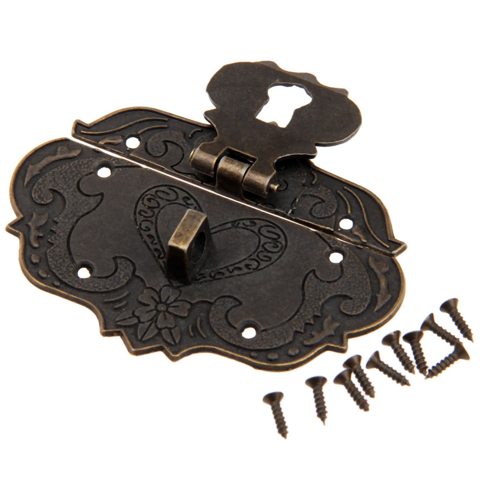Dophee 1Pc 3"x2.24" Antique Embossing Decorative Brass Hasp Clasp Latch Lock with Screws for European Style Jewelry Trinket Box Decoration 2
