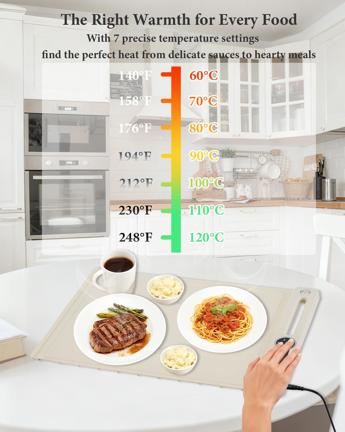Food Warming Mat, Dual-Zone Heating Mat for Food with 7 Temp & Timer, 10s Fast Heat Flexible Silicone Warmer for Home, Parties, Buffet Serving (Cream-2 PCS)
