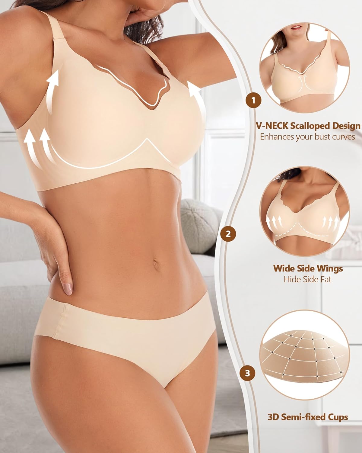 Womens Wireless Seamless Bras No Underwire Push Up Supportive Full Coverage Bralette Comfort Scalloped T-Shirt Bra - Image 2