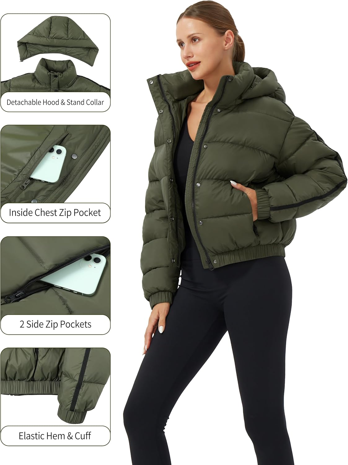 Pioneer Camp Women's Winter Cropped Puffer Jacket with Hood Waterproof Short Warm Quilted Jacket Puffy Bubble Coat Outerwear - Image 6