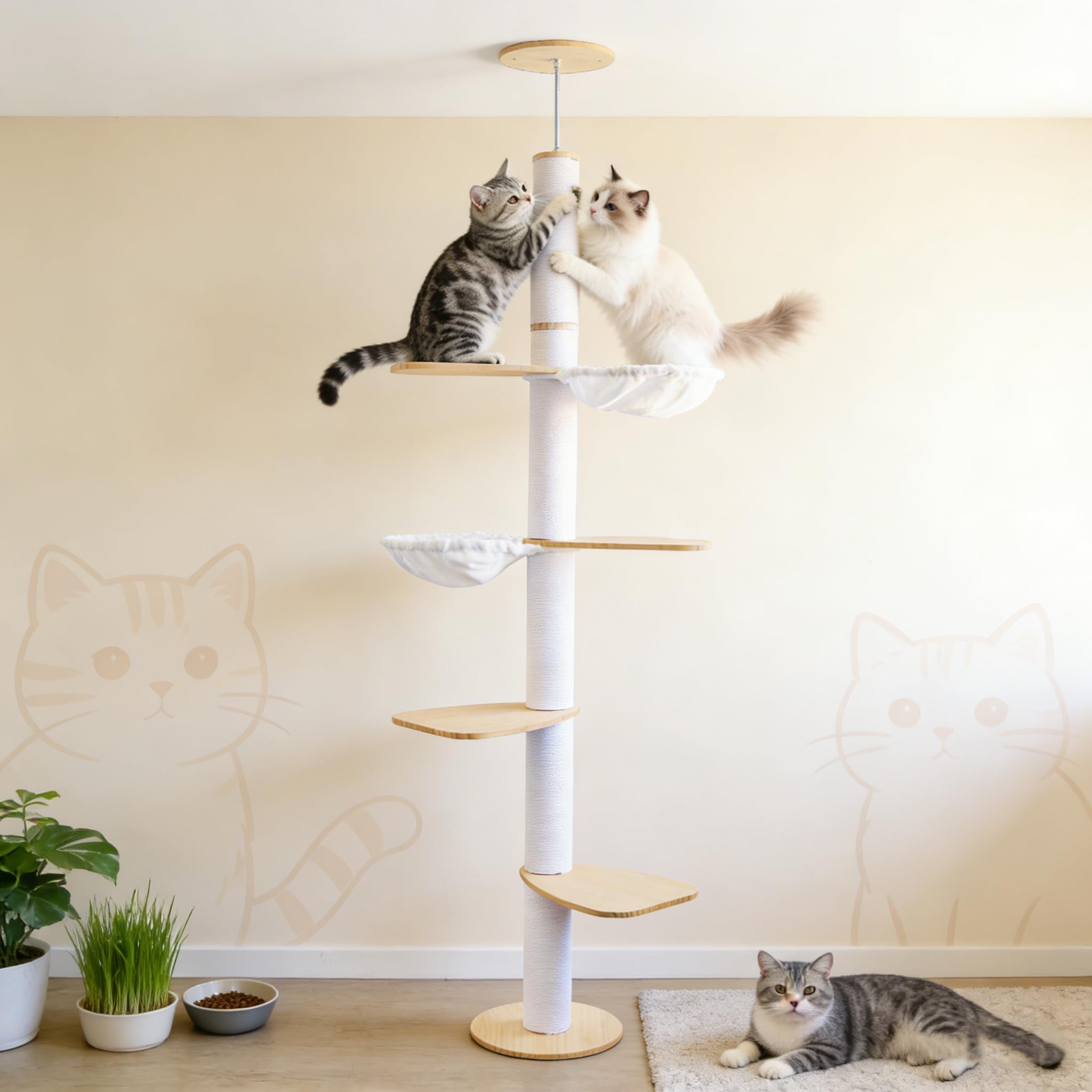 Arbre à Chat à Hauteur de Plafond – Centre d'activités d'escalade pour Chats à 5 étages avec griffoir, 4 Niveaux, 2 hamacs, réglable en Hauteur 190–260 cm, du Sol au Plafond, Peu encombrant et Stable