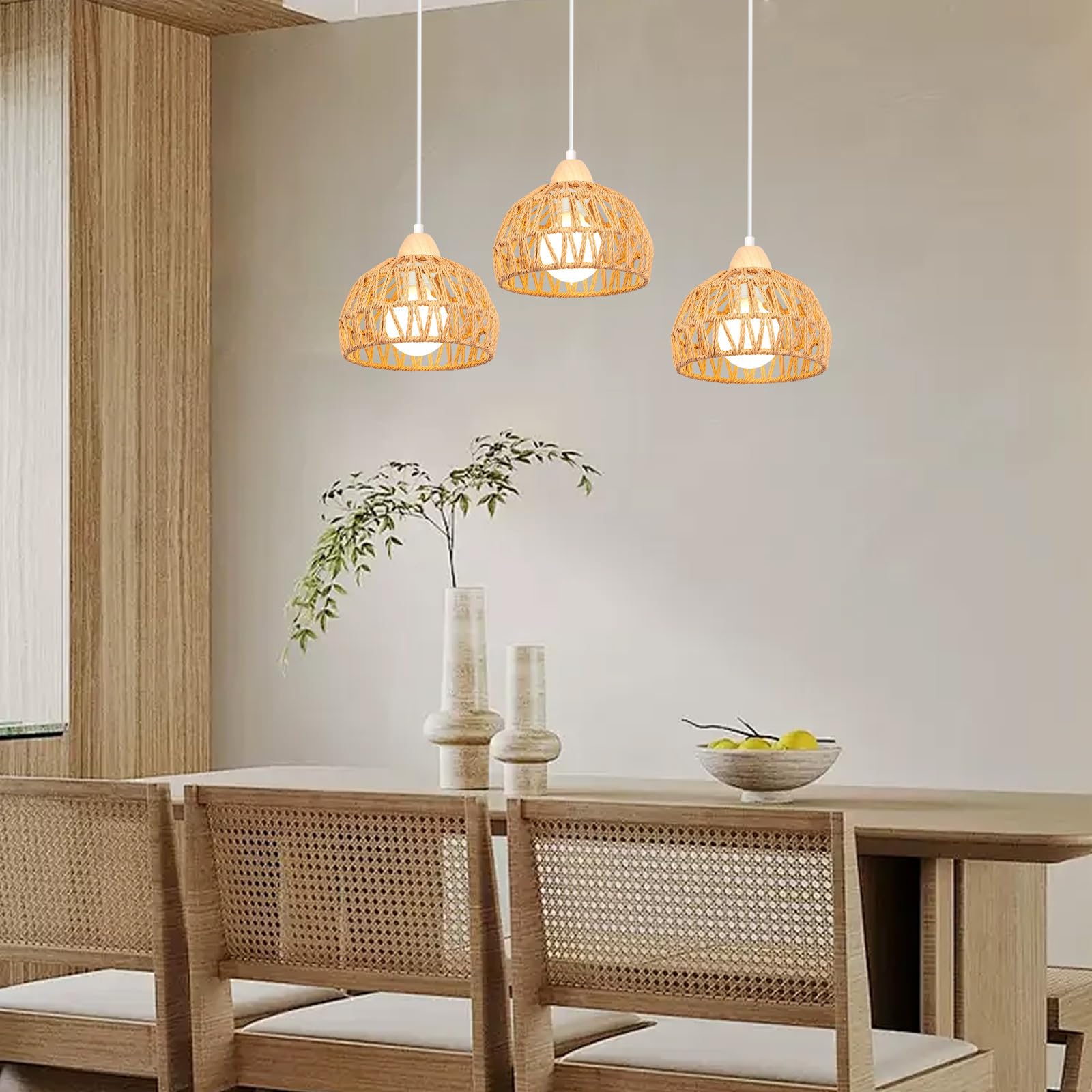 iDEGU Lampa wisząca vintage 3-żarówkowa żyrandol z drewna i rattanu, abażur 20 cm, E27, lampa wisząca, dekoracja, retro, do jadalni, sypialni, salonu, kuchni (brązowa, belka)