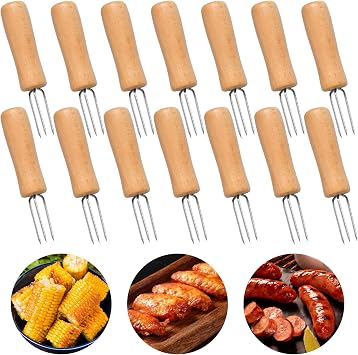 14 Pcs Stainless Steel Corn Holders, Stainless Steel Corn on the Cob Holders with Wooden Handle, Durable Anti-Scald Corn Holder for Home Camping Cooking BBQ