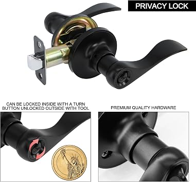 Privacy Door Lever Heavy Duty, 6 Pack Matte Black Left/Right Door Handles Reversible Wave Style Keyless Handing Lever, Bathroom and Rooms Privacy Door Lock