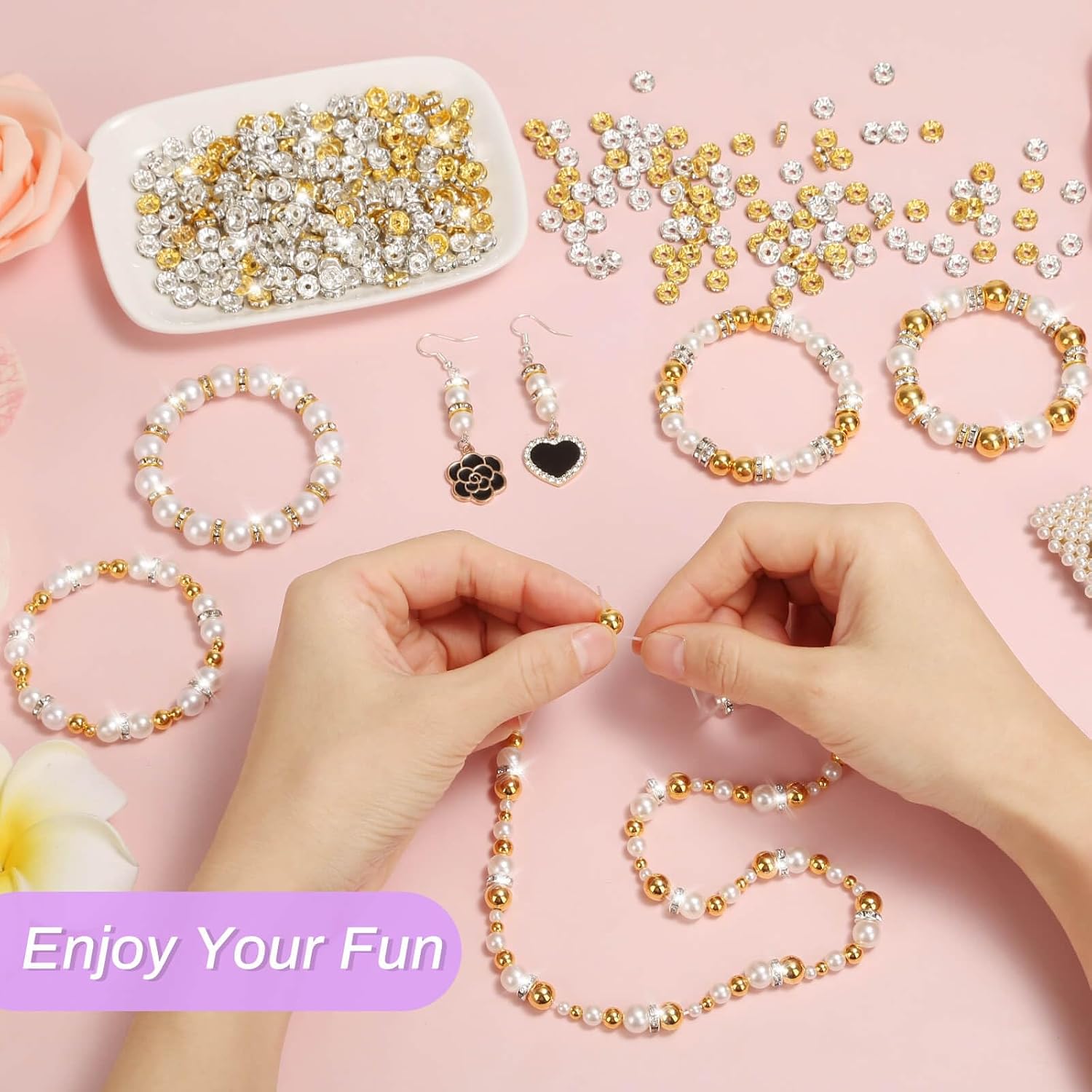 Rondelle Spacer Beads for Jewelry Making, 600 Pieces Rhinestone Spacer Beads Crystal Bead Spacers for Bracelets, Focal Beads for Pens(Silver and Gold)