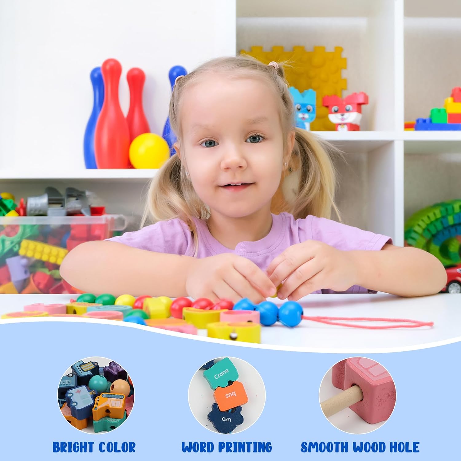 TRUEIN Montessori деревянные игрушки для нанизывания и бусинки для детей от 2 до 5 лет для игр с нитками и развивающих игр из дерева транспортные средства
