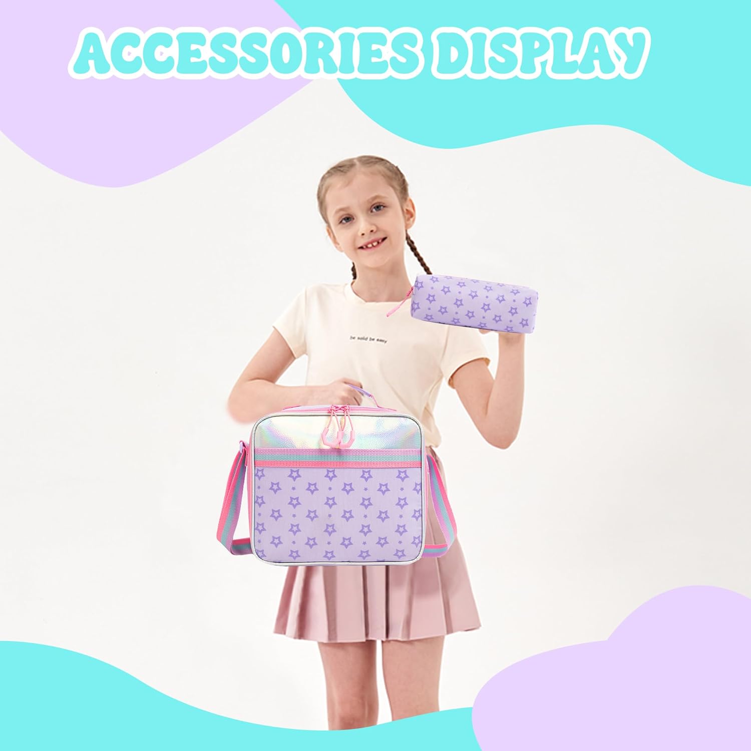 Meetbelify 3 in 1 Purple Backpack with Wheels for Girls Rolling Letter Backpack Cute Carry on Backpack Kids Luggage with Lunch Box Pencil Case for Elementary Student