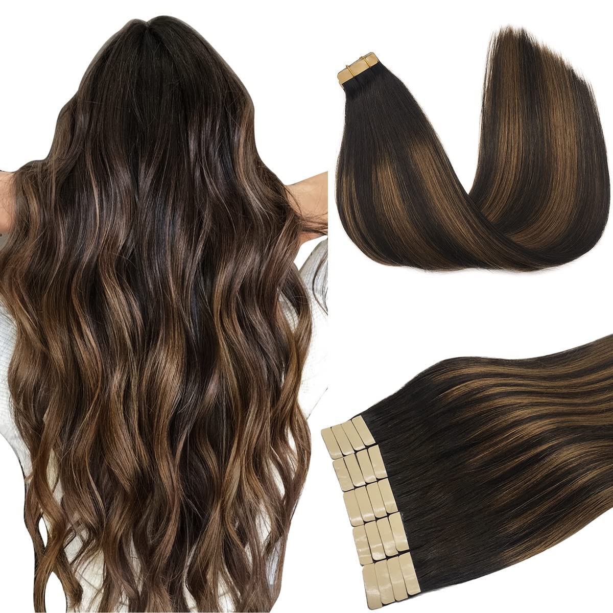 DOORES Tape in Hair Extensions Human Hair Balayage Dark Brown to Chestnut Brown 20pcs 50g 20 Inch Silky Straight Tape in Human Hair Extensions
