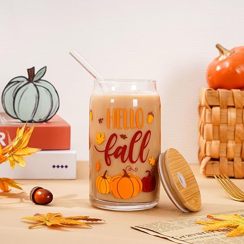 Miniatura 6 de Whaline Vasos para beber Hello Fall de 16 onzas, taza de vidrio de cosecha de otoño, taza de café helado con tapa de bambú, popote de vidrio,