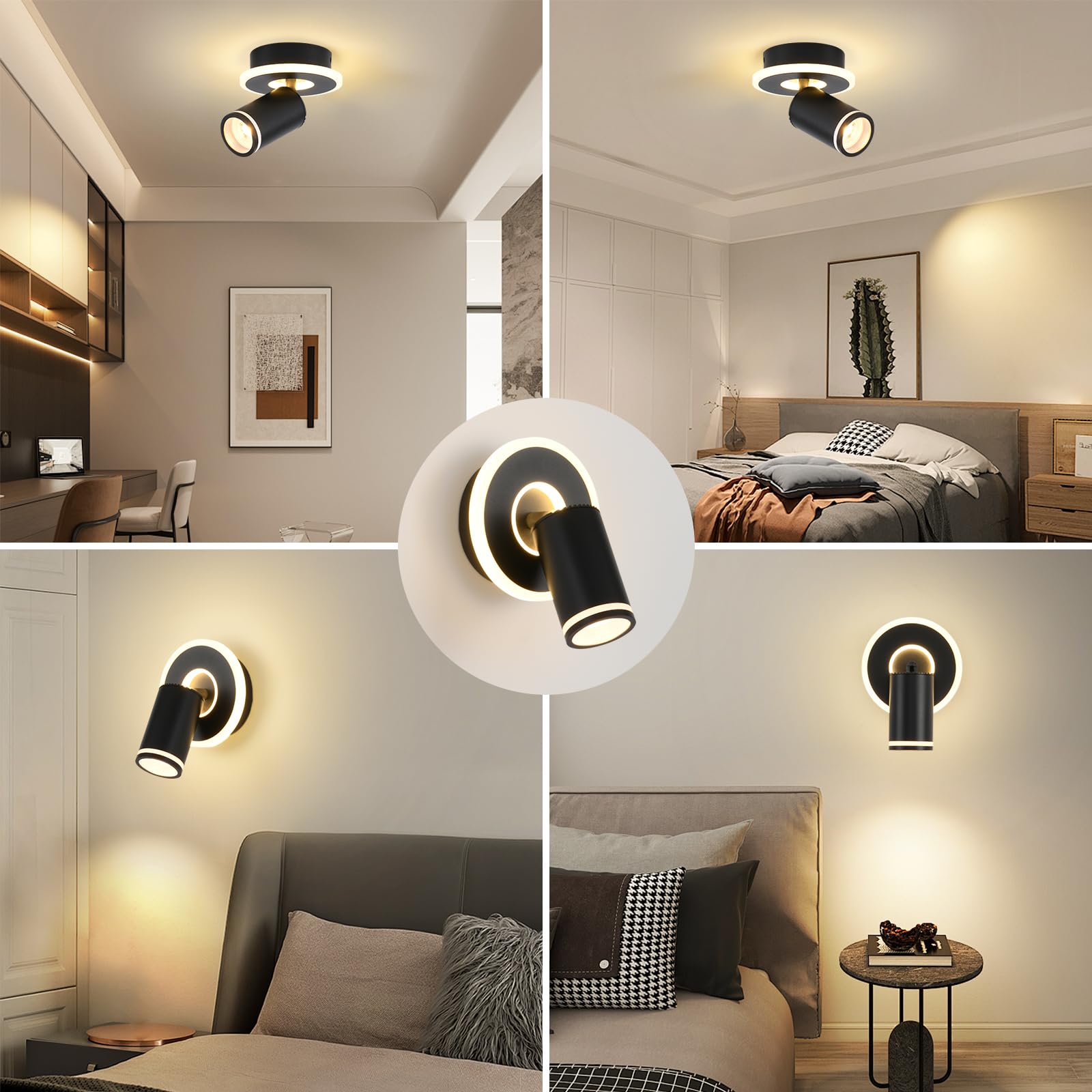 SANSHI Rotonda Faretti da Soffitto Orientabili Interno LED 1 Luce,Faretti da Parete con Inferiore 9W+5W,GU10 Lampadario Faretti,Moderna Plafoniera Faretti Bianco Caldo 3000K per Cameretta Barra,Nero