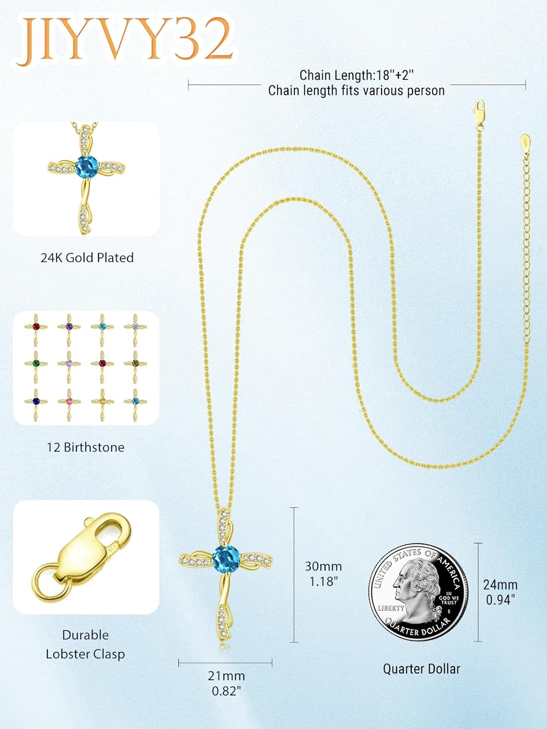 Birthstone Cross Necklace for Women 14K Gold Wedding Anniversary Birthday Gift for Wife Her Protection Christian Jewelry - Image 2