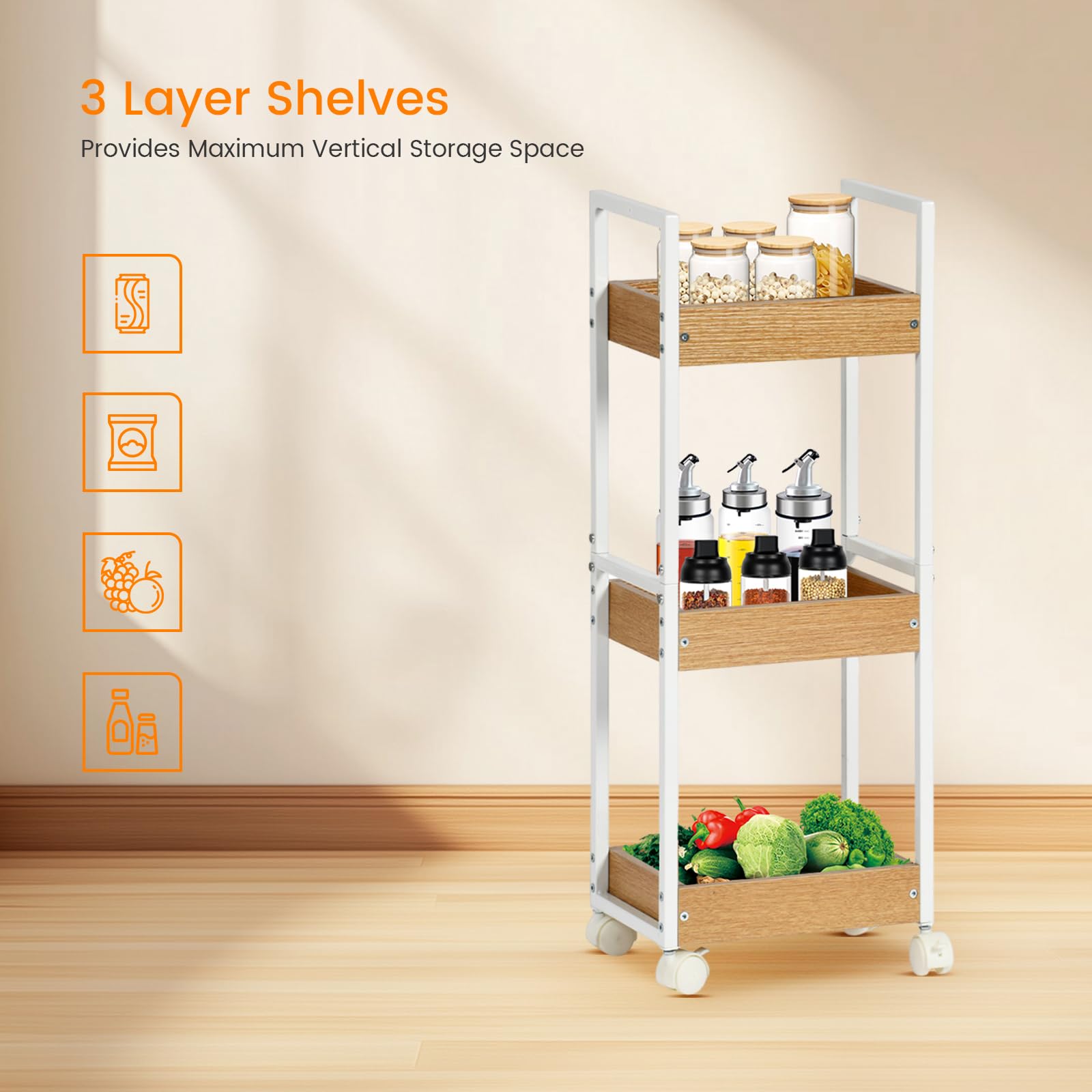EGGREE Carrello Portaoggetti a 3 Livelli, Carrello Salvaspazio, Mensole Strette per il Bagno, Carrello da Cucina con Rotelle, Carrello bagno, 30 x 20 x 80 cm, Bianco