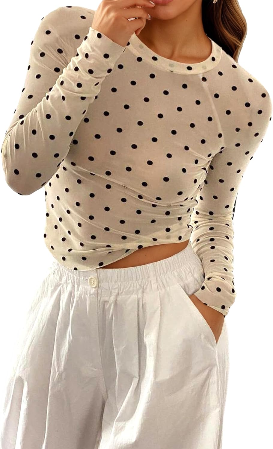 Floral Mesh Top for Women Crew Neck Long Sleeve See Through Tee Shirts Fitted Sexy Going Out Tops