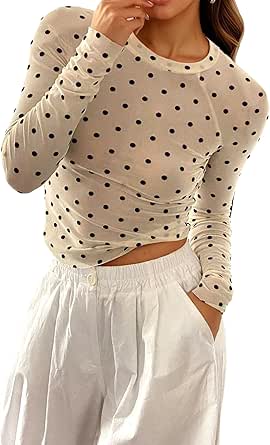 BemorRun Floral Mesh Top for Women Crew Neck Long Sleeve See-Through Fitted Top