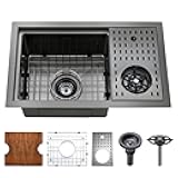 23 Inch Black Undermount Bar Sink with Glass Rinser - PEPO 23x14x9 Inch Stainless Steel Workstation Sinks Bar Prep Sink 16 Gauge Single Bowl Undermount Kitchen Sink with Cup Washer