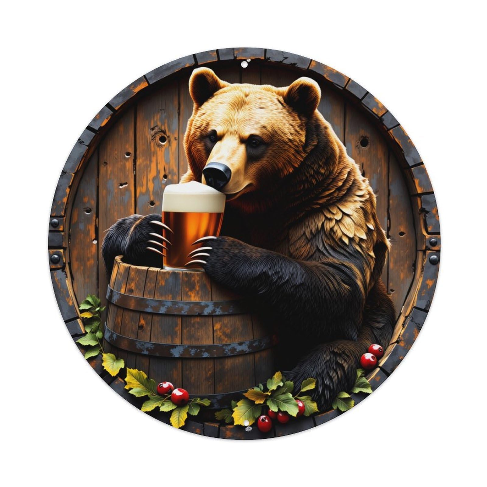 Bear Holding Beer Barrel With Leaves And Berries Metal Tin Sign Plaque