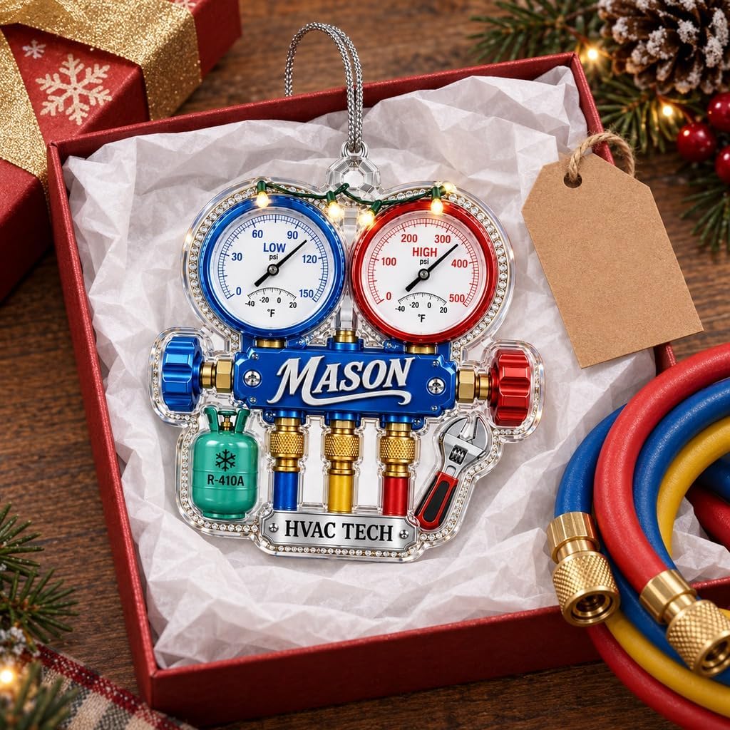 Acrylic Ornament Manifold Gauge Set with Refrigerant Cylinder and Wrench, Hanging Gift for HVAC Technician
