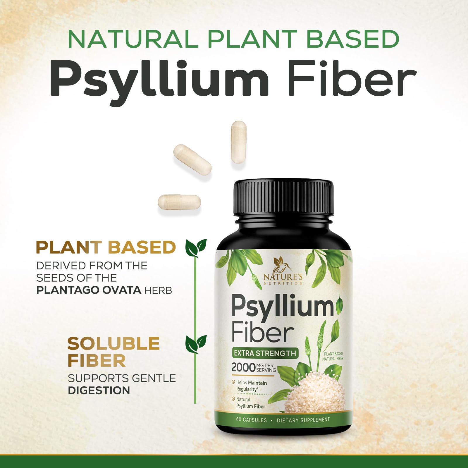 Psyllium Husk Powder 2000mg Supplement - Extra Strength Psyllium Fiber Powder - Natural Soluble Fiber Pills, Supports Digestion, Colon Health & Regularity, Gluten Free, Bottled in USA - 60 Capsules — Amazon image 3