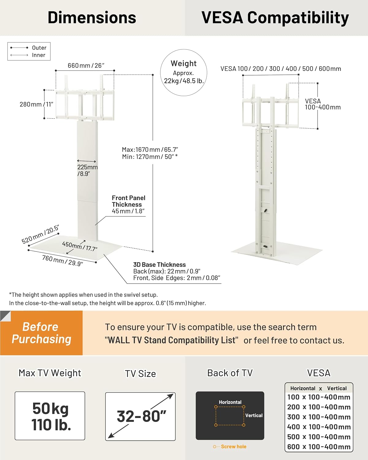 WALL V3SW High Type Ultra-Thin Tall Floor TV Stand, 32-80 inch, Walnut
