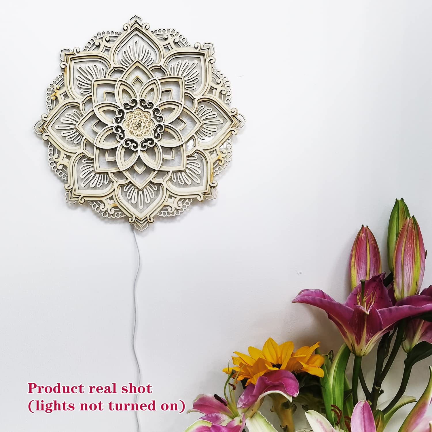 Amazon.co.jp : 曼荼羅の花の壁の装飾、ライト付きの木製の