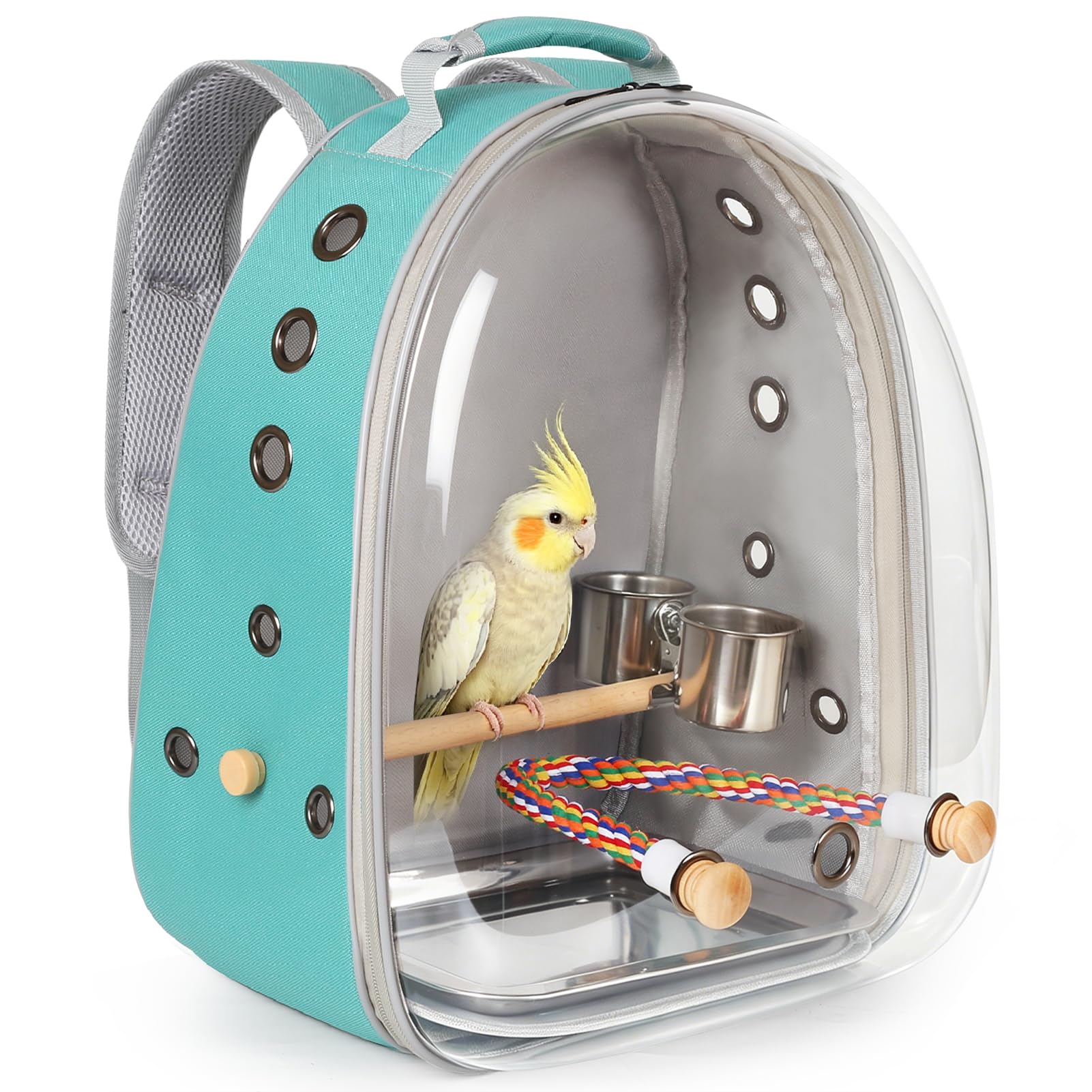 Bird Traval Carrier Cage, Multi Vent Holes Clear Space Capsule Astronaut Backpack to Carry Parakeet Cockatiel Parrot with Metal Tray Wood Perch, Vet Transport Bag