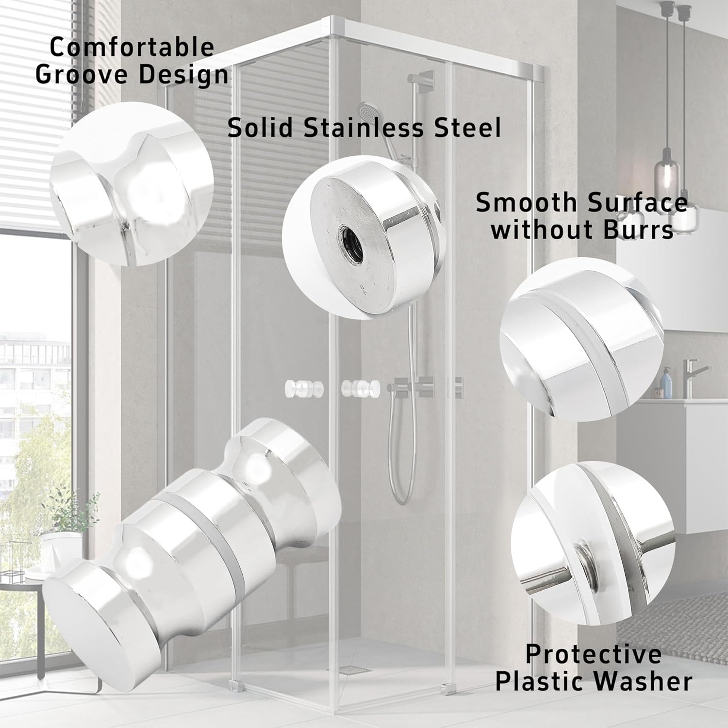 Double-Sided Shower Glass Door Knob, Bathroom Back-to-Back Door Knob, Stainless Steel Sliding Shower Doors Pulls Handle for Bathroom Glass Doors, Polished Chrome