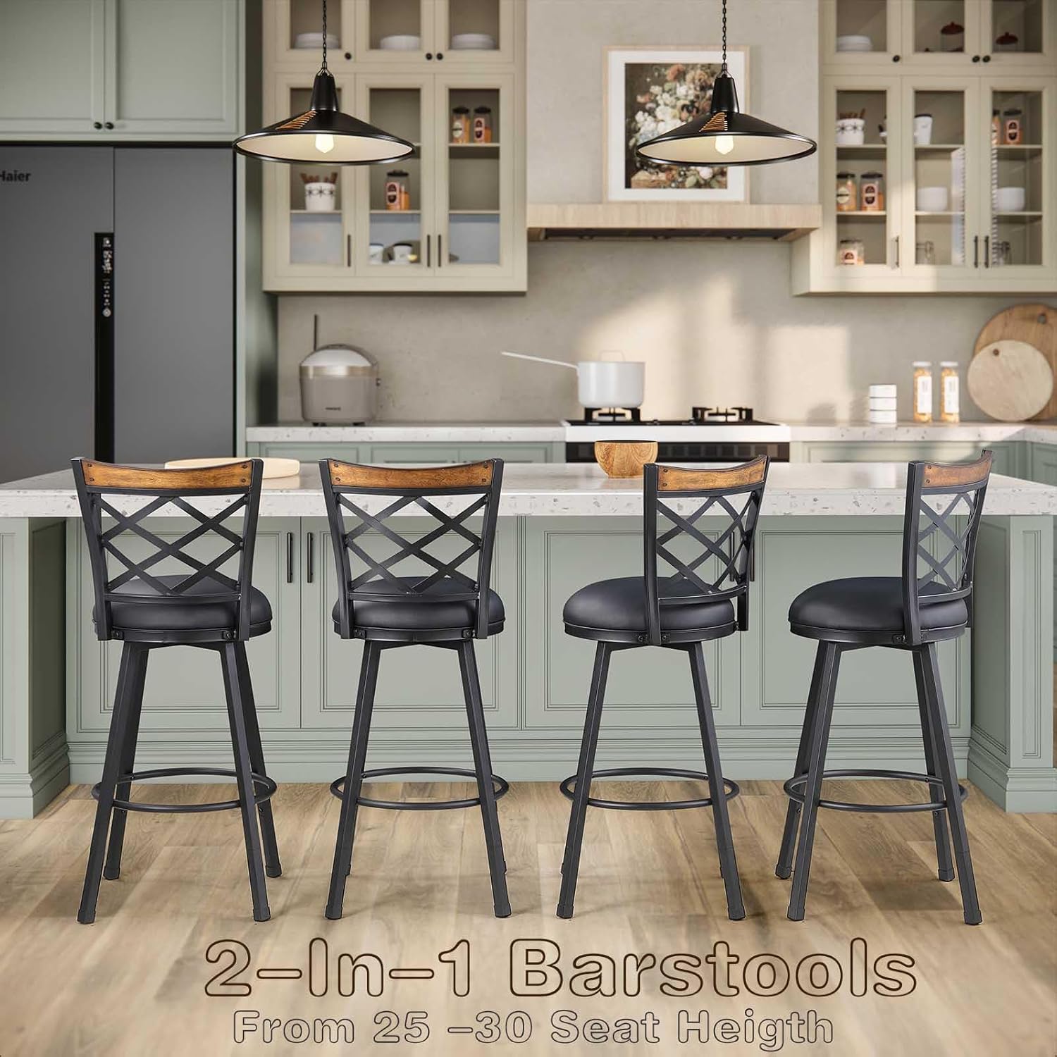 Farmhouse Swivel Bar Stools with Backs Set of 2, (2-in-1) 25"/30" Adjustable Height Counter & Bar Chairs, Industrial Metal Stools with Black PU, Vintage Rustic Wood for Kitchen Island, Pub