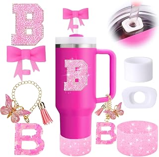 6PCS Pink Stanley Cup Accessories Set, Initials Decorations for Stanley Cup 30oz 40oz, Includes Bow Straw Topper, Handle Charm, Letter Sticker, Silicone Boot, Spill Proof Stopper (Letter B)