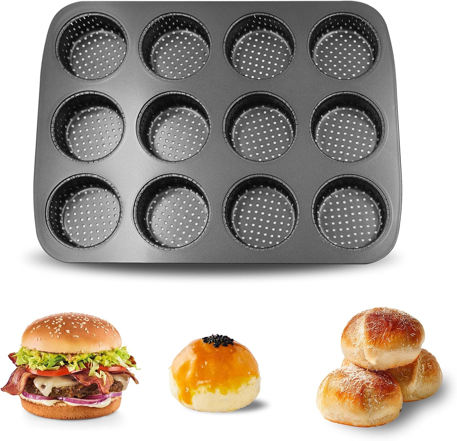 Cupcake Mould, Cups Perforated Mince Pie Bread Tray for 12 Rolls with Non-Stick Coating for Burgers, Bread, Rolls, Puffs, Tartlets (12 Cupcake Pan)