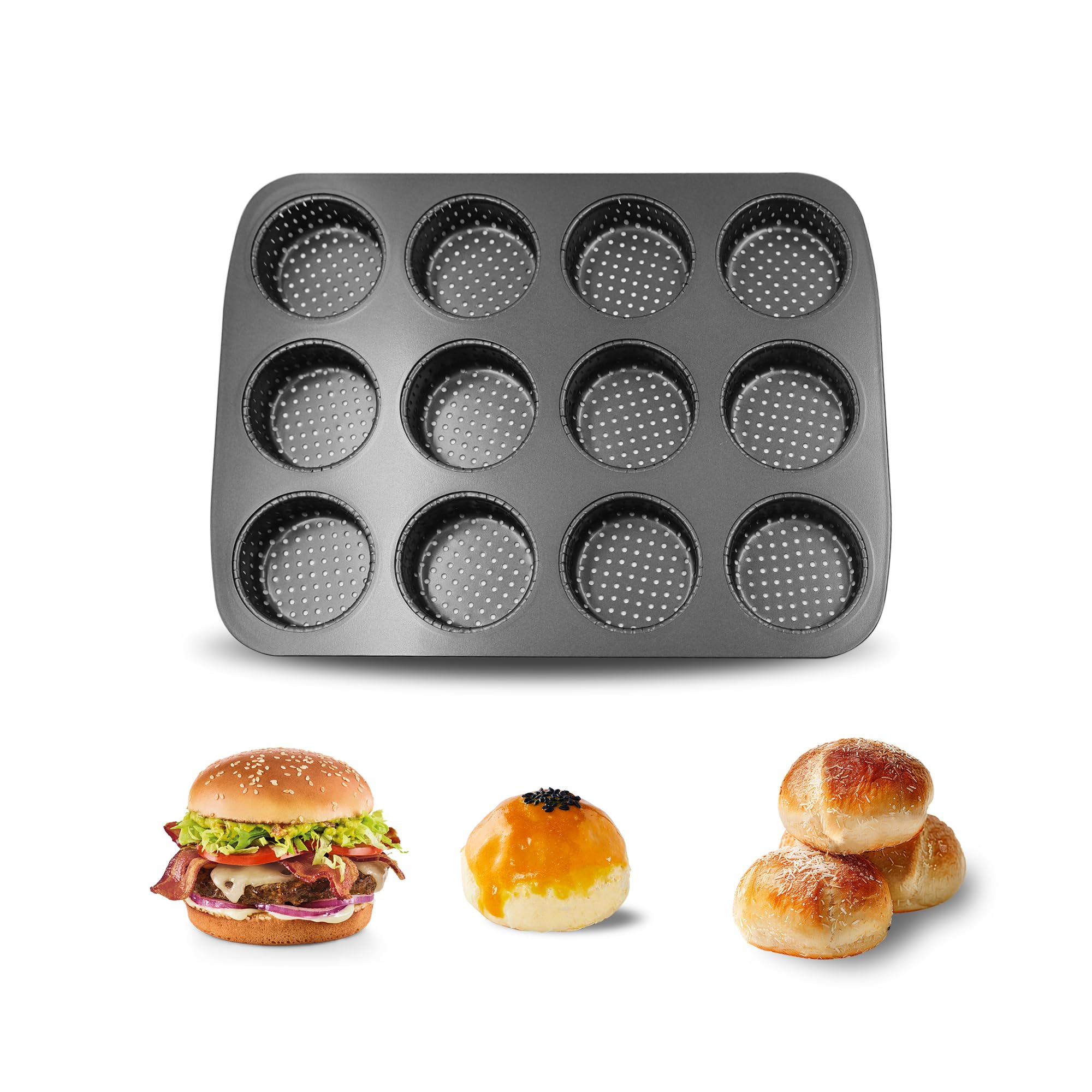 Mini Burger Brotblech, 12 Formen, Kohlenstoffstahl, mit Antihaftbeschichtung, Hamburgerbrötchenform für hausgemachte Burger, Brot, Brötchen, Windbeutel, Törtchen
