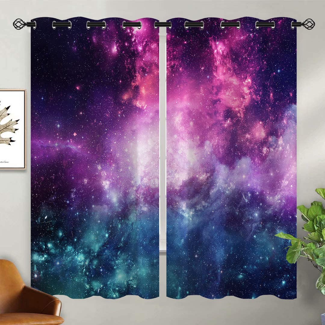 Czrouz Night Sky Blackout Curtains For Girls Boy Home Decor, Dark Blue Cosmic Nebula Sparkly Stars Grommet Thermal Insulated Drapes Darkening Window Curtain For Bedroom Living Room, 72 X 63 Inch
