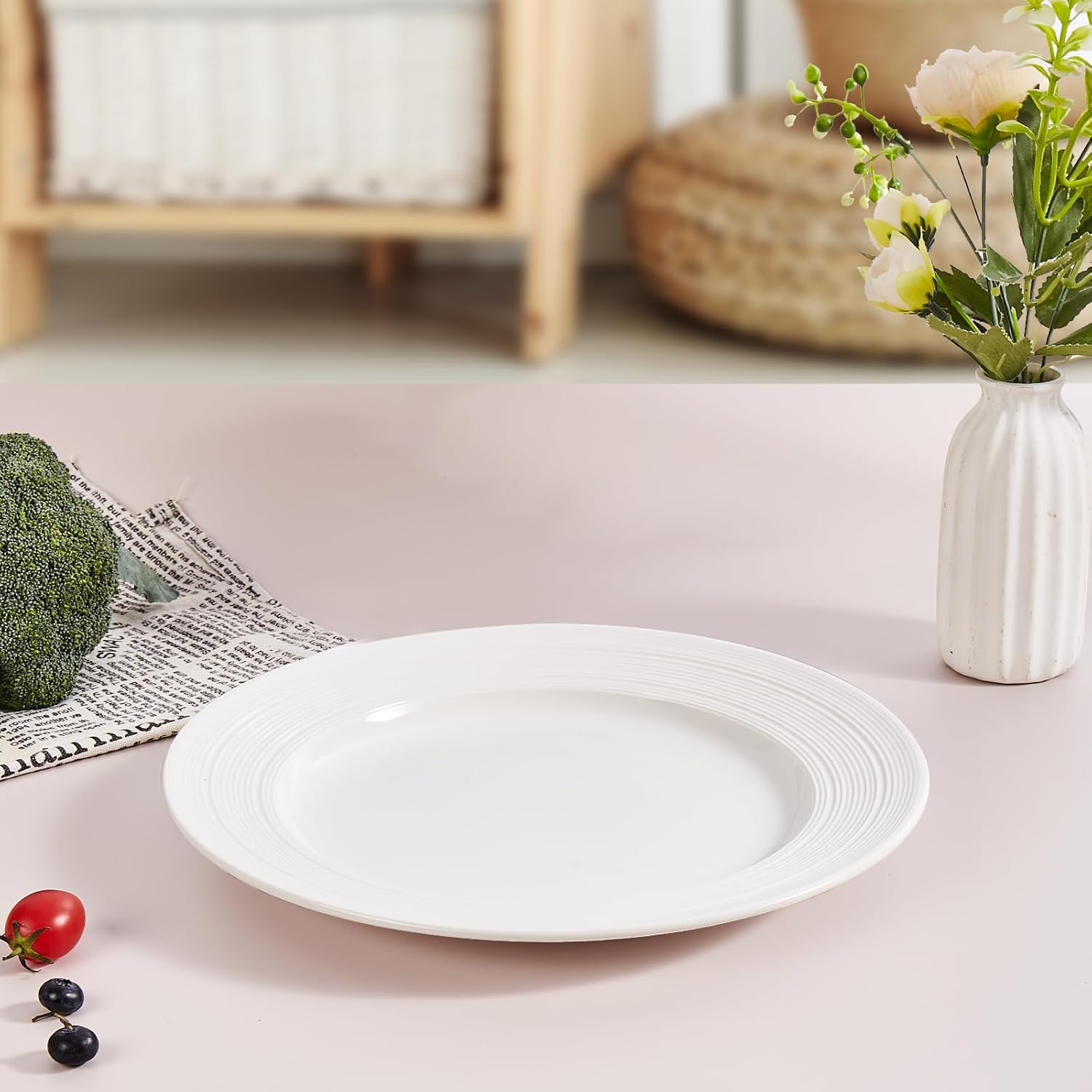 JUAN & JASMIN 2-Piece Elegant White Dinner Plate with Ribbed Rim Design, 10 inch, Scratch Resistant