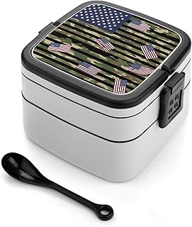 Double Layered Stackable Bento Lunch Box Set with Spoon American Flag Camouflage Grunge Lunchable Food Container with Utensils