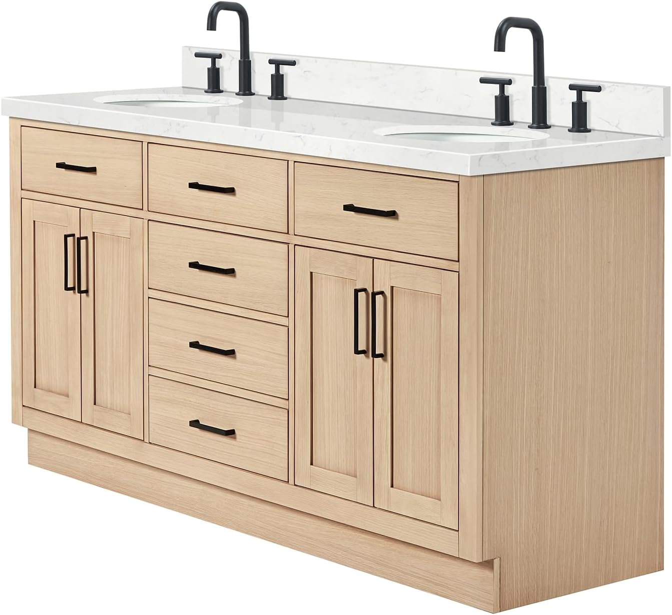 ARIEL Hepburn 66-inch Bathroom Vanity with Sink,Solid Wood, 1.5-inch Carrara White Quartz Countertop & Backsplash, Double Oval Porcelain Sink, 4 Soft Closing Doors, 6 Dovetail Drawers, White Oak