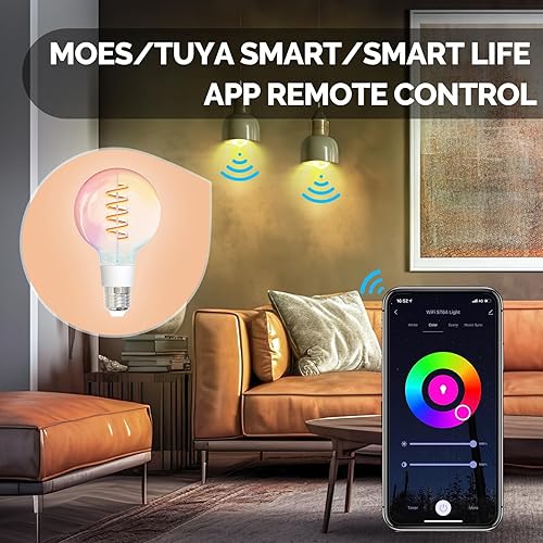 Miniatura 2 de MOES Bombillas LED Smart G80 Edison, bombillas inteligentes WiFi G25 que cambian de color, 2700K-6500K CW y RGB regulables, control remoto Smart