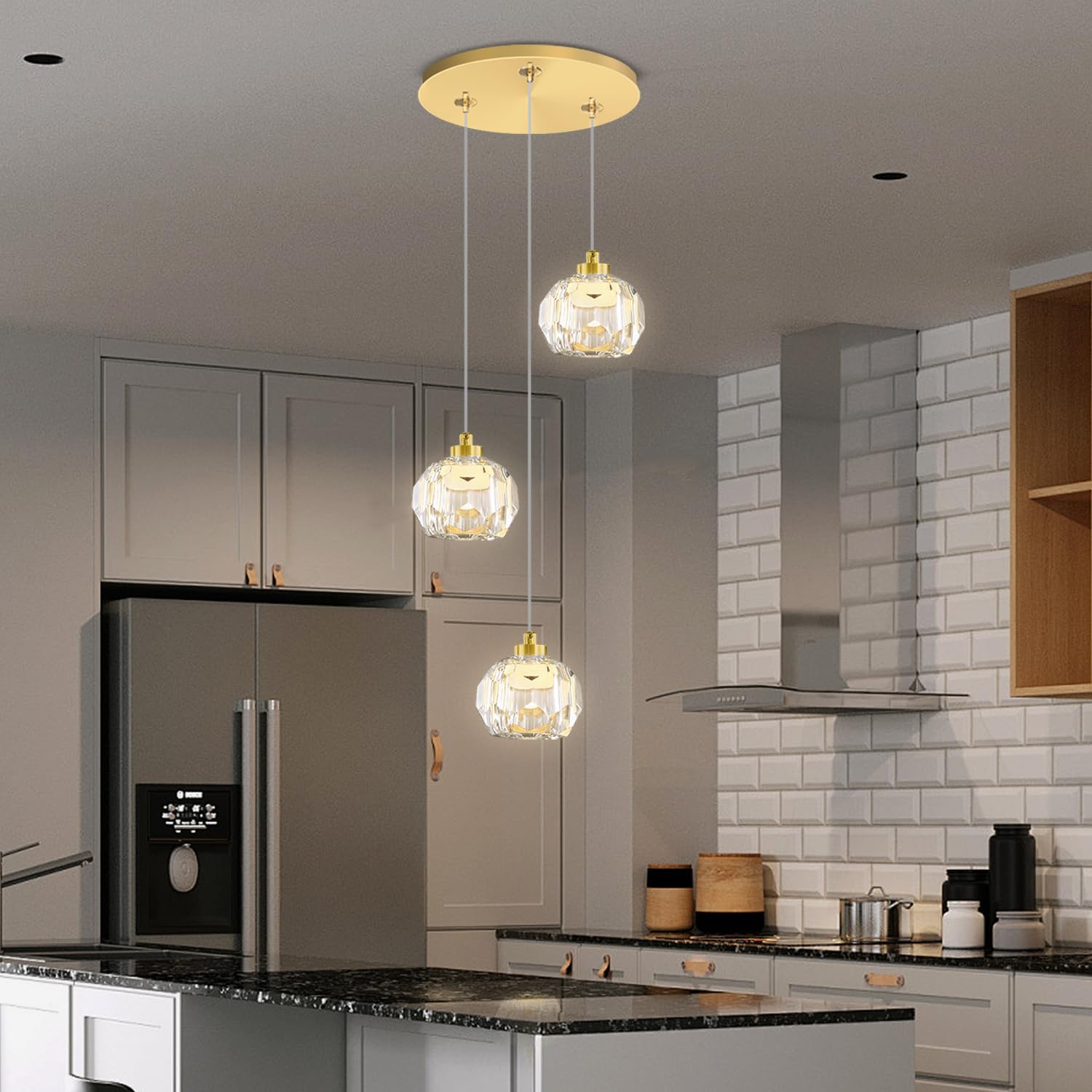 3-Light Dimmable LED Gold Pendant Light,Crystal Ball Chandelier for Dining Room Bedroom Pendant Light Kitchen Island 15W Gold 3-Lights