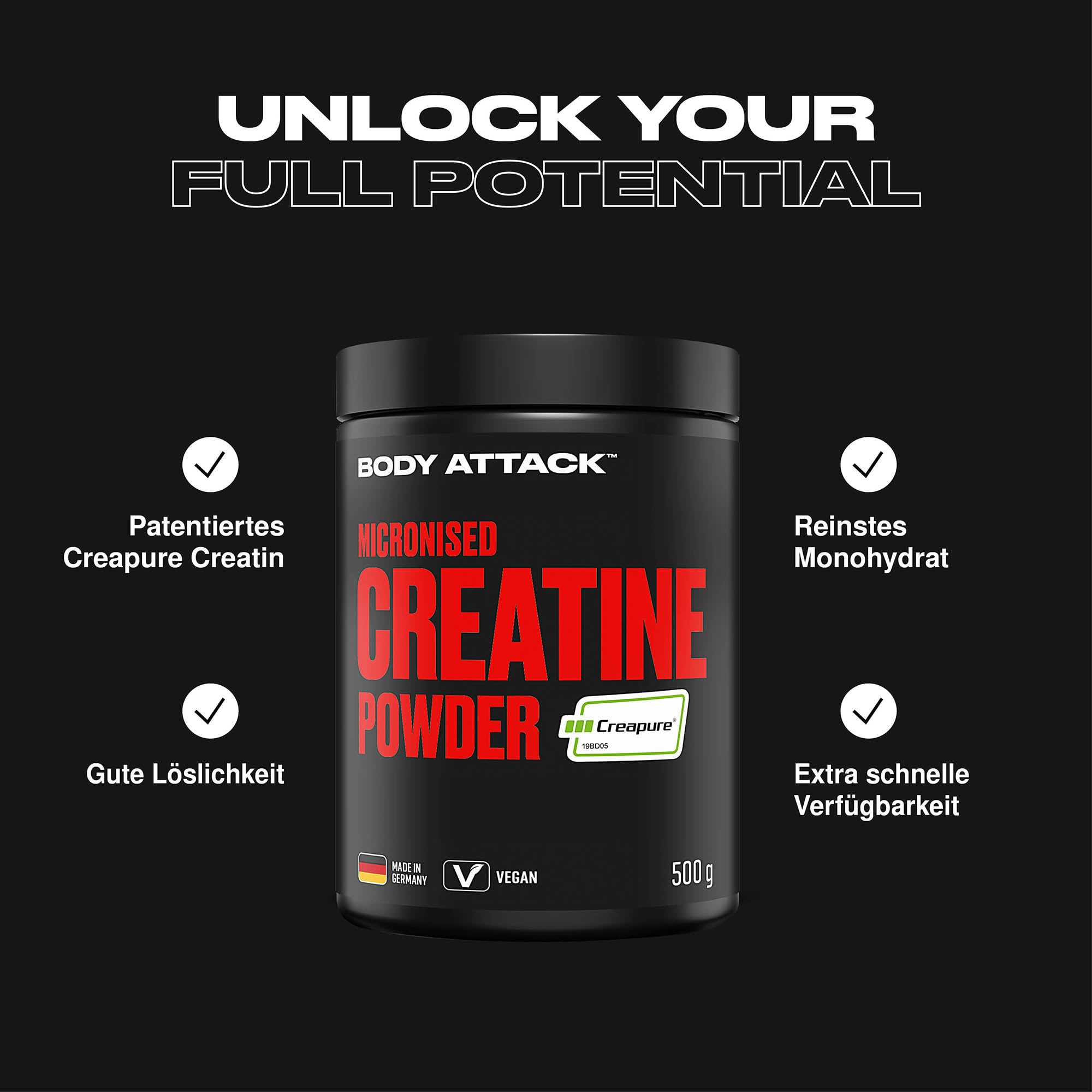 Body Attack Micronised Creatine Powder (Creapure®) 500 g - hochwertiges Kreatin 100% Made in Germany - hochdosiert für Fitness & Kraftsport, vegan