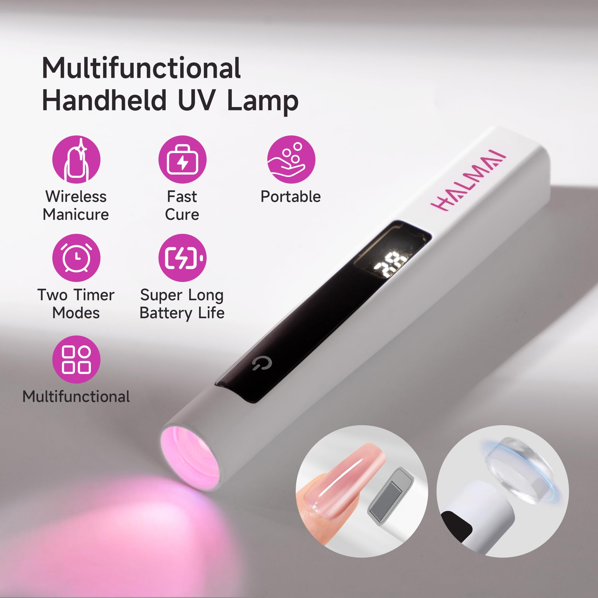 Halmai Lampada UV portatile a luce rossa per unghie in gel, senza fili e ricaricabile, con display LCD, trattamento con luce rossa messa a fuoco per gli occhi, stampaggio delle unghie ed effetto
