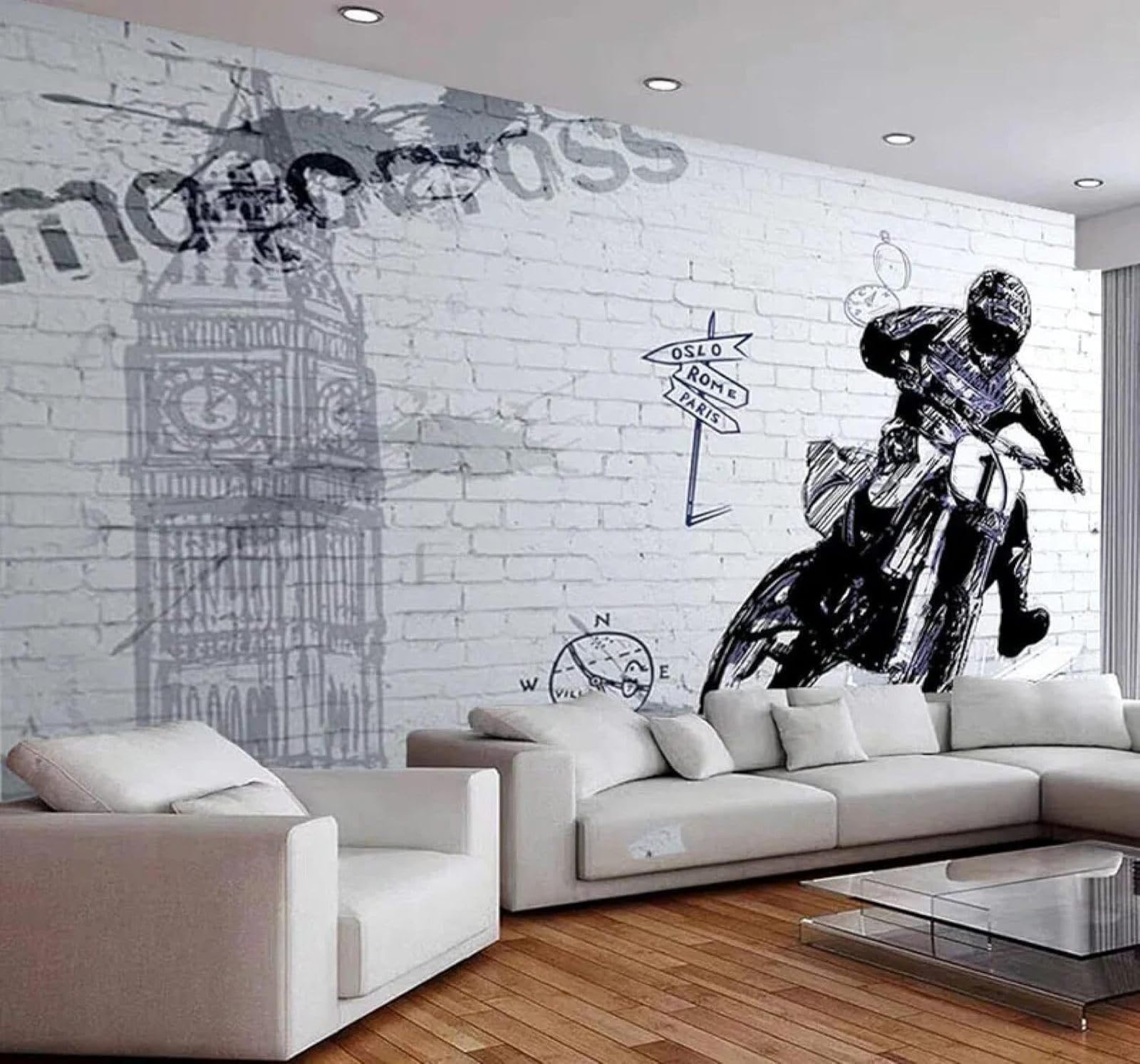 XLMING Retro Brick Wall Graffiti Motorbike Architecture 3D Wallpaper Luxury Silk Study Dining Feature Sofa Grey Bedroom Living Room Tv Decorative Wall-250cm×170cm
