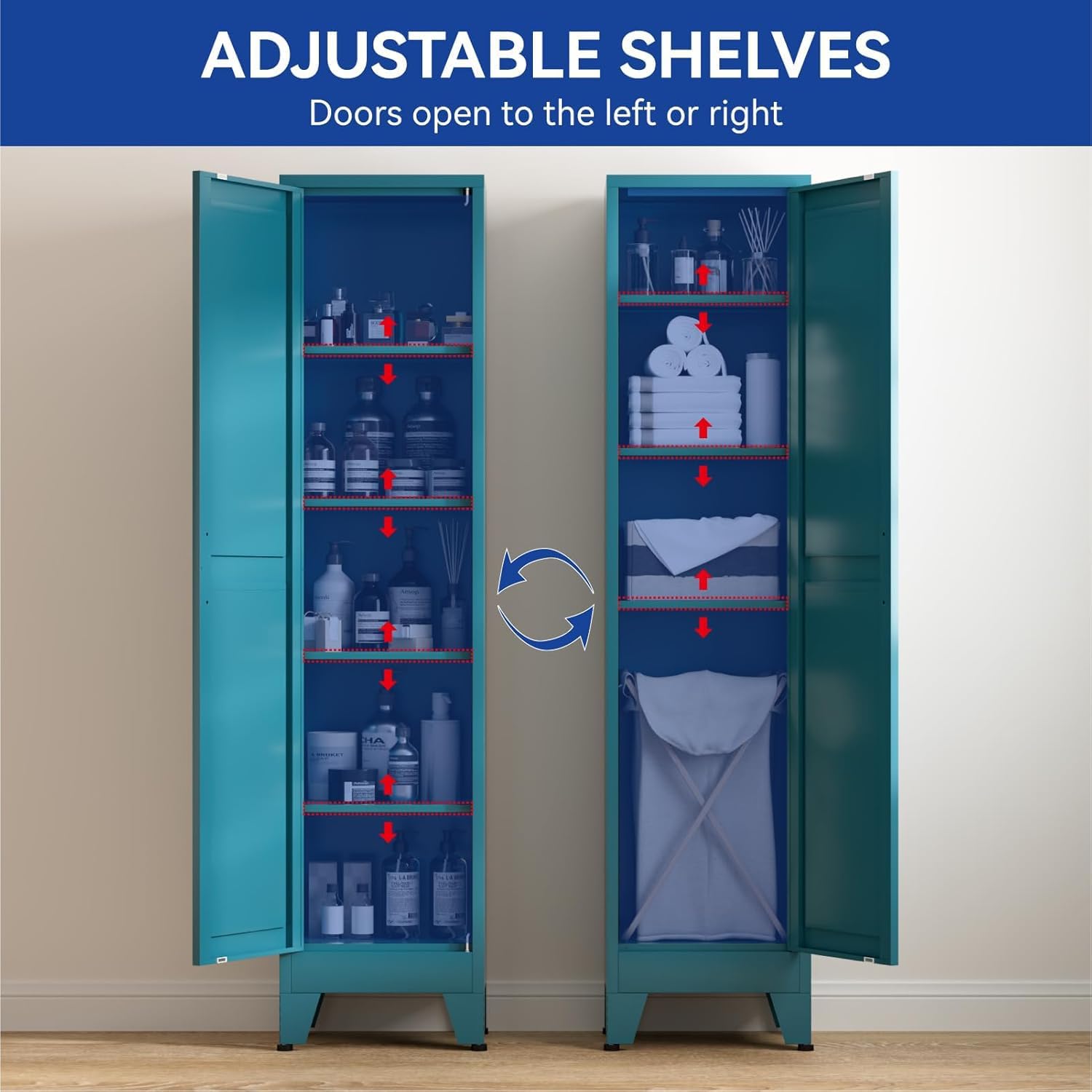 Adjustable shelves and door opening options