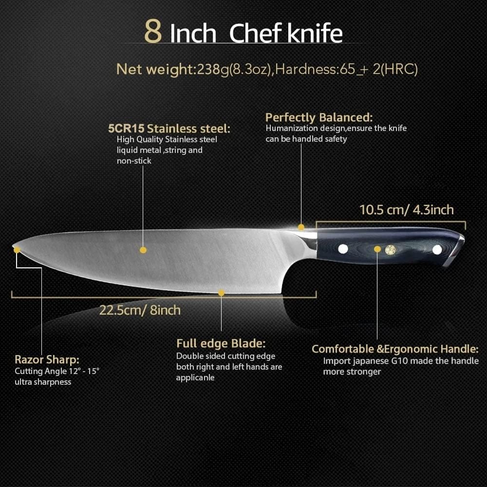 Meat Cleaver,Cleaver Knife, 8 Inch Kitchen Knife Chef Knife 5cr15 440C High Carbon Stainless Steel German G10 Handle Santoku Meat Cleaver Knife Cooking Tool