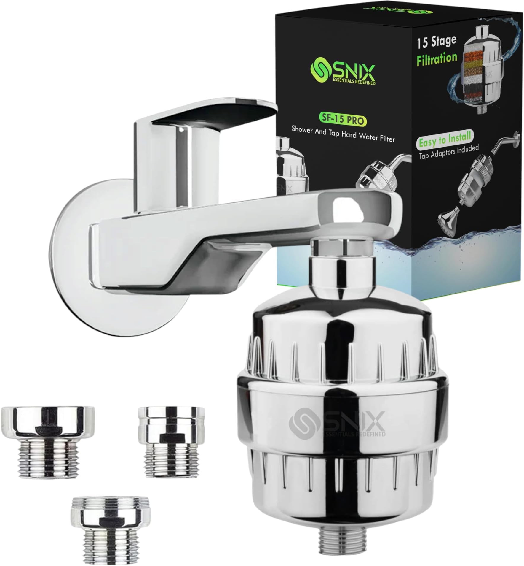 SNIX ESSENTIALS REDEFINED Shower Filter Water Softener for Bathroom | Hard Water Softener for Tap Improves Water Quality | Tap Adaptors Included, Easy-to-Install Water Softener