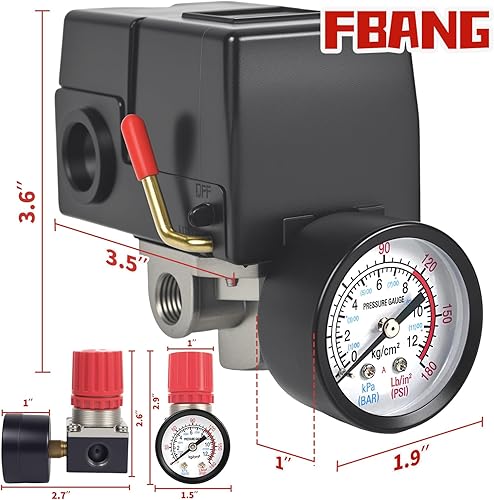 Miniatura 3 de Válvula de control del interruptor de presión del compresor de aire, regulador de presión 90-120PSI con conjunto de accesorios de manómetros