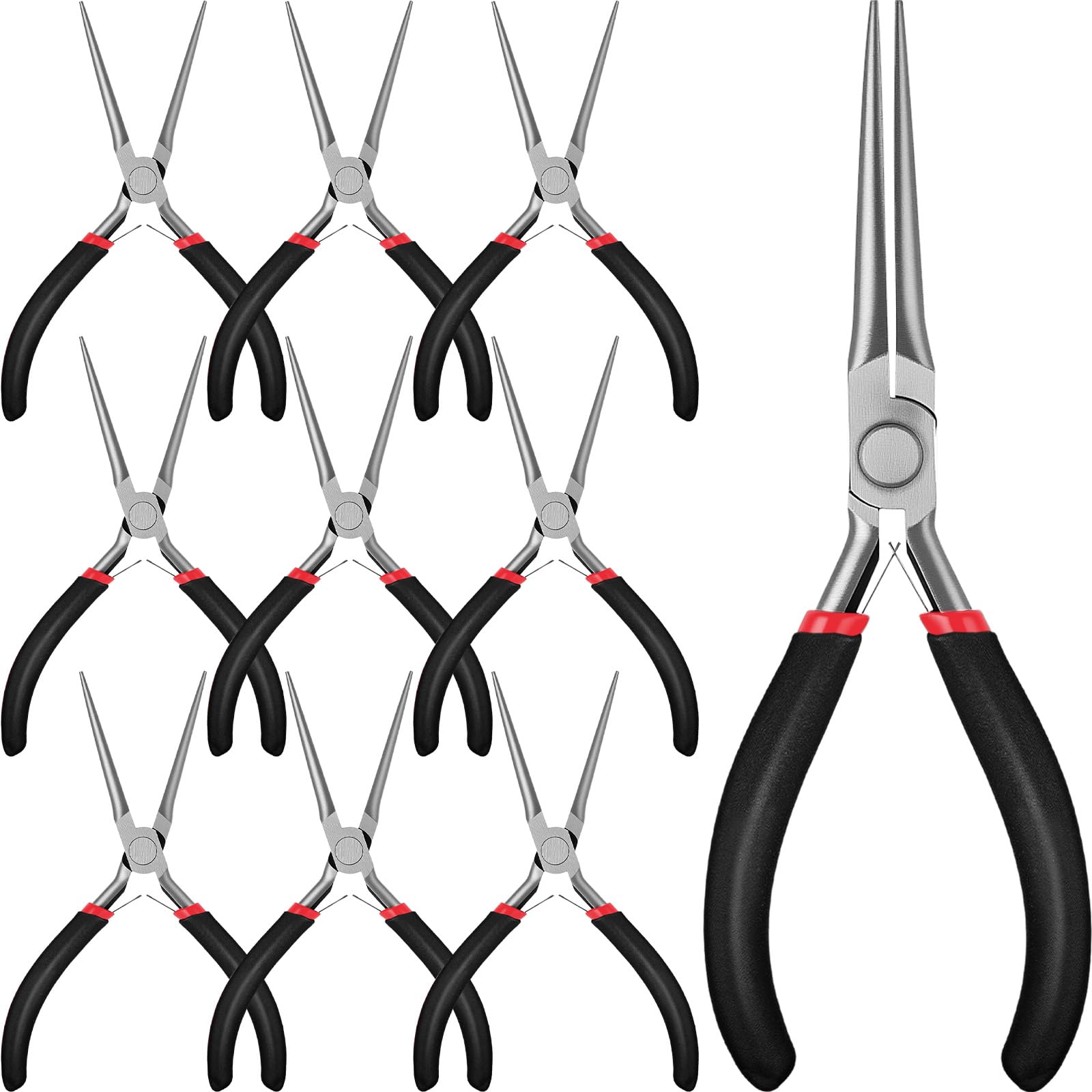 Set di 10 mini pinze a becchi ad ago, 15,2 cm, con punte extra lunghe per la creazione di gioielli, avvolgimento di fili, presa di piccoli oggetti, progetti fai da te (nero, manico