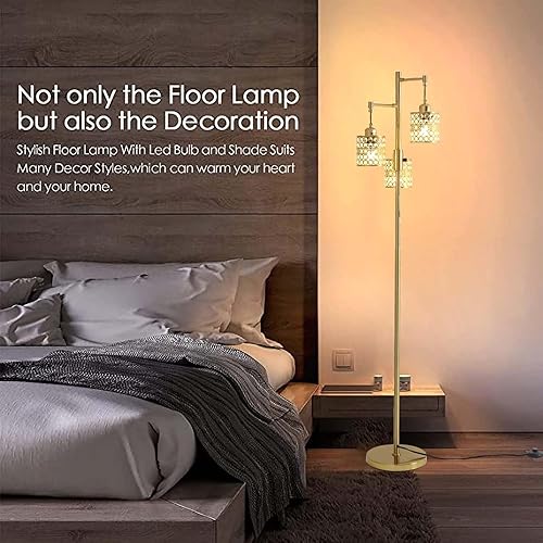 Miniatura 7 de Lámpara de pie industrial, lámpara de pie regulable, lámpara de árbol dorado, lámpara de pie con 3 elegantes pantallas de cristal para sala de