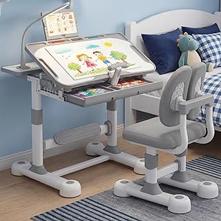Kids Desk and Chair Set, Height Adjustable Study Table with Tilt Desktop, LED Light, Book Stand & Storage Drawer, Art Desk for Boys and Girls, Grey