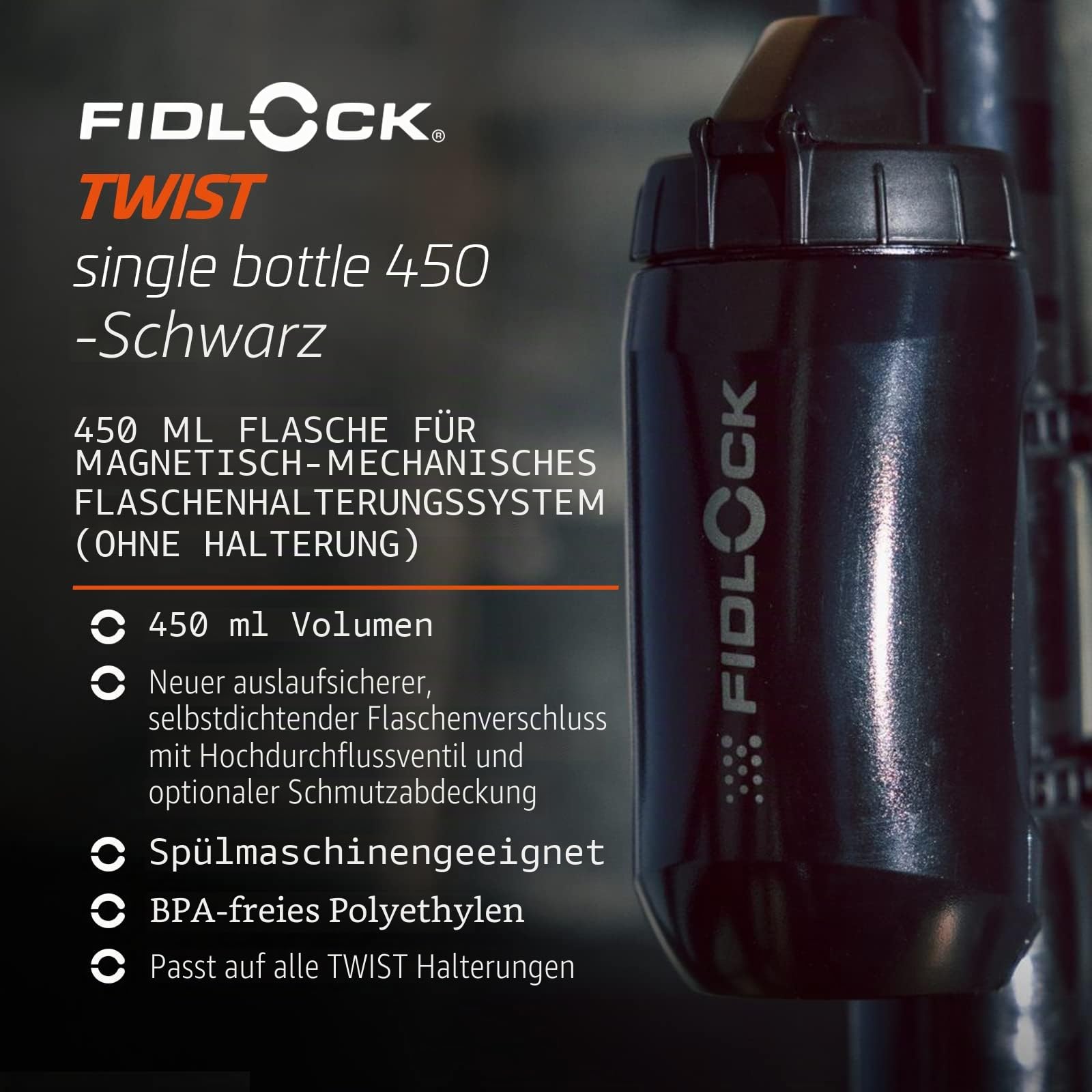 FIDLOCK Twist Einzelflasche 450ml Schwarz mit Drehanschluss (ohne Fahrradboden) Magnetischer Fahrrad Flaschenhalter mit BIcycle Getränkehalter