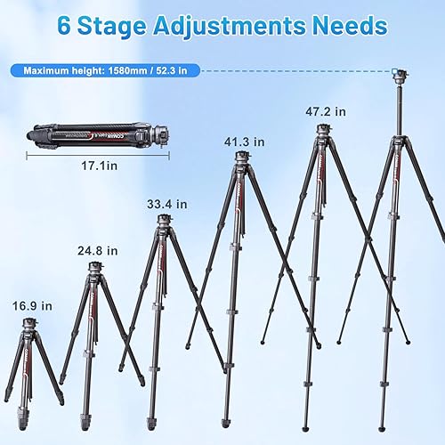 Miniatura 7 de COMAN - Trípode ligero para cámara de viaje, soporte compacto de fibra de carbono de 62.2 pulgadas, cabezal de bola de 360  desmontable con placa