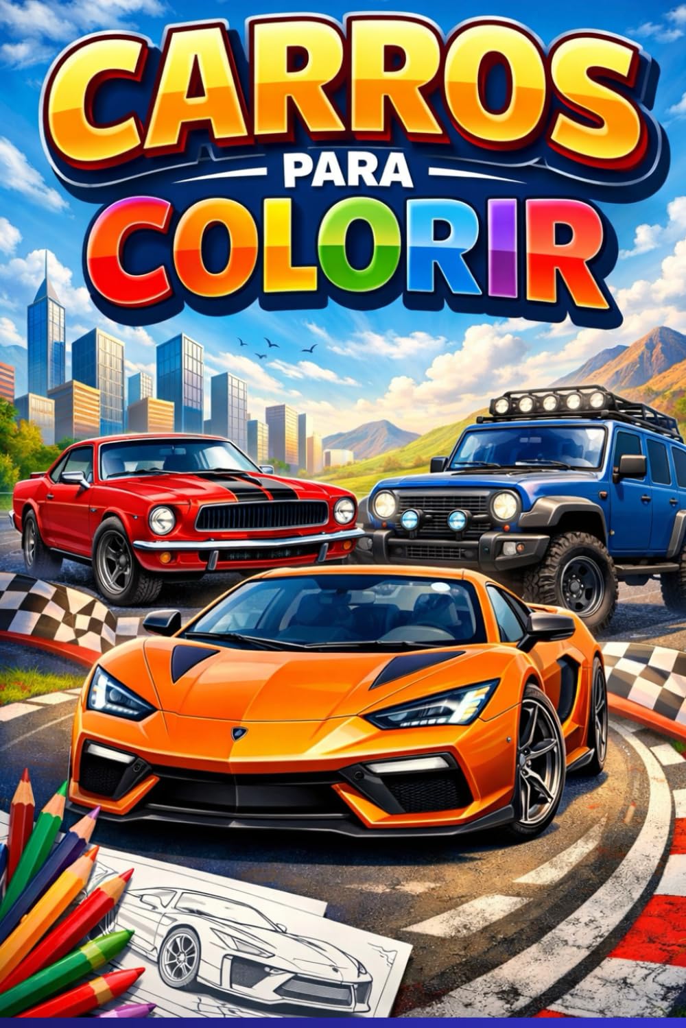 livro para colorir de carros azul: carros azul varias cores