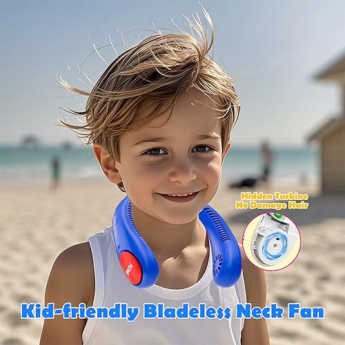 Miniatura 2 de Ventilador de cuello para niños, ventilador de cuello portátil sin aspas para niñas y niños de 4 a 14 años, recargable por USB, 2600 mAh, funciona